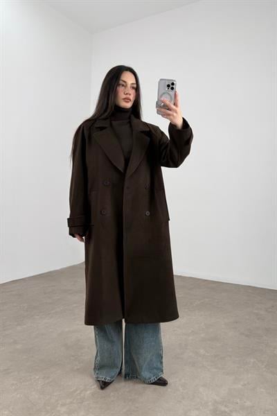 Moni Düğmeli Kuşaklı Kruvaze Kahve Kaban