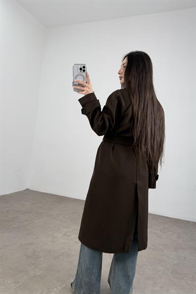 Moni Düğmeli Kuşaklı Kruvaze Kahve Kaban