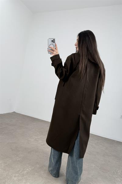 Moni Düğmeli Kuşaklı Kruvaze Kahve Kaban