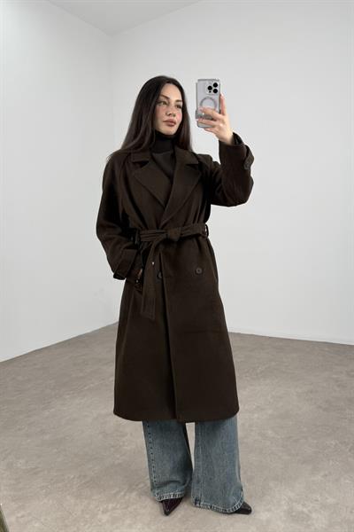 Moni Düğmeli Kuşaklı Kruvaze Kahve Kaban