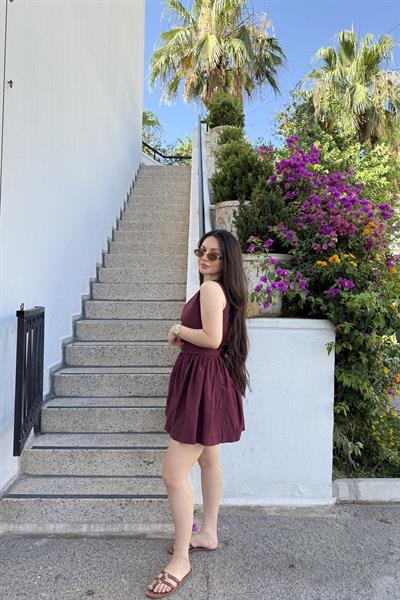 Mssimo Bel Kuşak Detaylı Bordo Elbise 