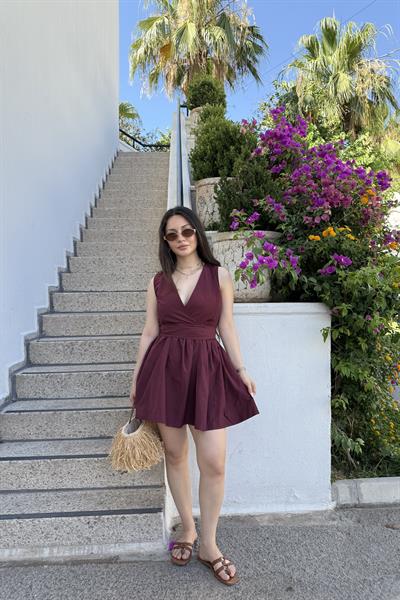 Mssimo Bel Kuşak Detaylı Bordo Elbise 