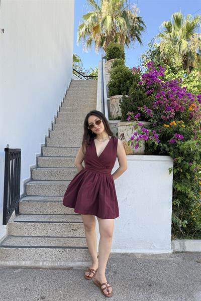 Mssimo Bel Kuşak Detaylı Bordo Elbise 