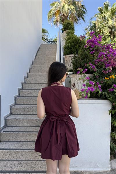 Mssimo Bel Kuşak Detaylı Bordo Elbise 