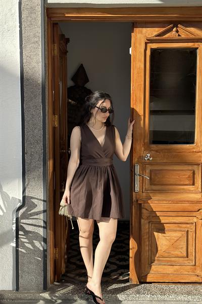 Mssimo Bel Kuşak Detaylı Kahve Elbise 