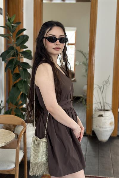 Mssimo Bel Kuşak Detaylı Kahve Elbise 