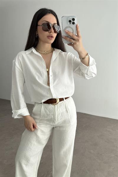 Mssmo Beyaz Düz Keten Gömlek