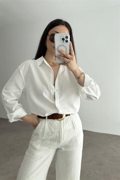 Mssmo Beyaz Düz Keten Gömlek