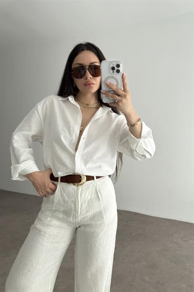 Mssmo Beyaz Düz Keten Gömlek