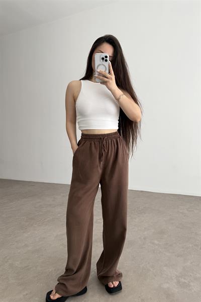 Mssmo Yüksel Bel Pamuk Tensel Kahve Pantolon