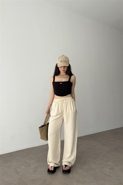 Mssmo Yüksel Bel Pamuk Tensel Krem Pantolon