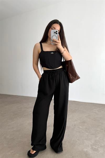 Mssmo Yüksel Bel Pamuk Tensel Siyah Pantolon