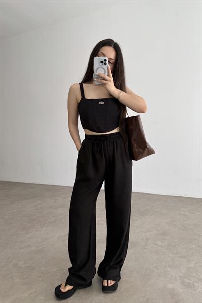 Mssmo Yüksel Bel Pamuk Tensel Siyah Pantolon