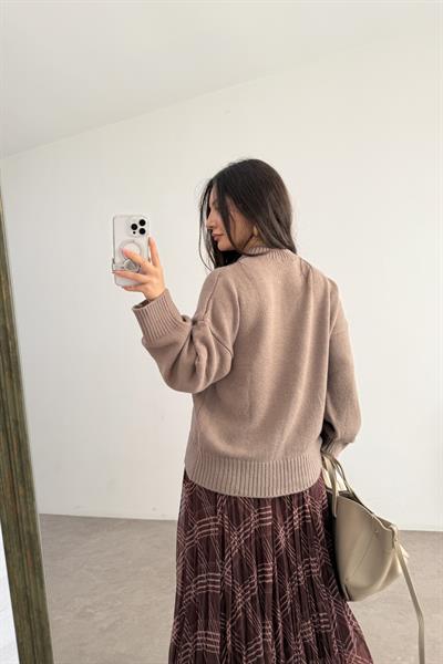 Mssmo Yuvarlak Yaka Triko Kazak Boz Kahve