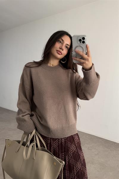 Mssmo Yuvarlak Yaka Triko Kazak Boz Kahve