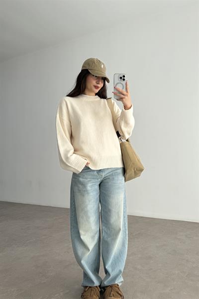 Mssmo Yuvarlak Yaka Triko Kazak Ekru