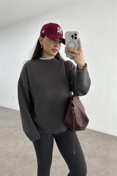 Mssmo Yuvarlak Yaka Triko Kazak Füme