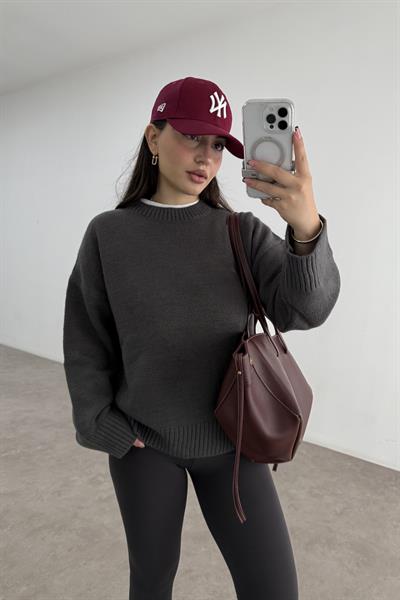 Mssmo Yuvarlak Yaka Triko Kazak Füme