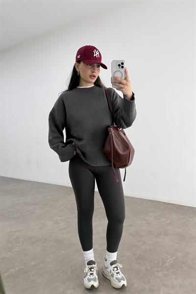 Mssmo Yuvarlak Yaka Triko Kazak Füme