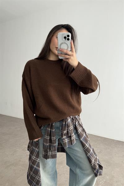Mssmo Yuvarlak Yaka Triko Kazak Kahve