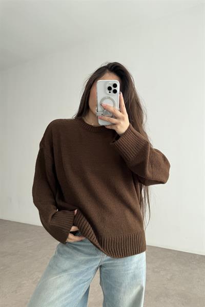 Mssmo Yuvarlak Yaka Triko Kazak Kahve