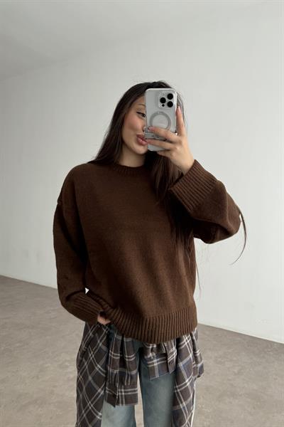 Mssmo Yuvarlak Yaka Triko Kazak Kahve