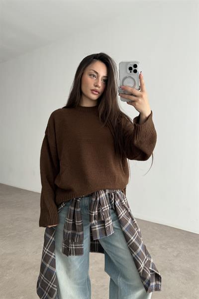 Mssmo Yuvarlak Yaka Triko Kazak Kahve