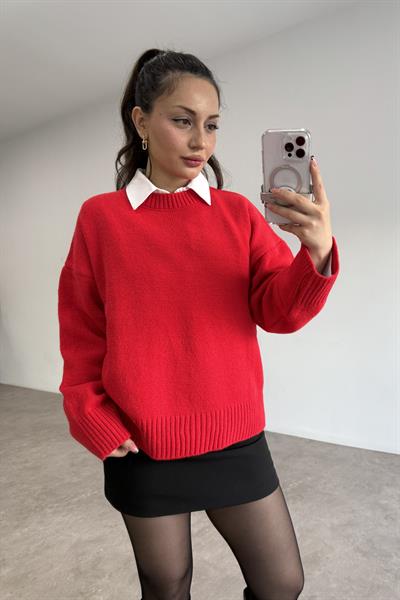 Mssmo Yuvarlak Yaka Triko Kazak Kırmızı