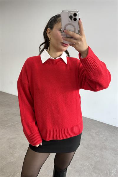 Mssmo Yuvarlak Yaka Triko Kazak Kırmızı