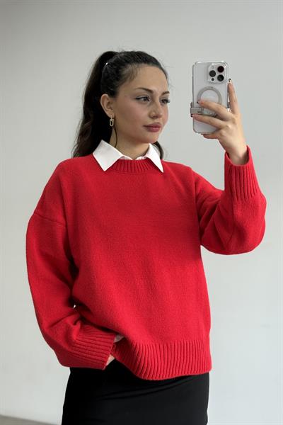 Mssmo Yuvarlak Yaka Triko Kazak Kırmızı