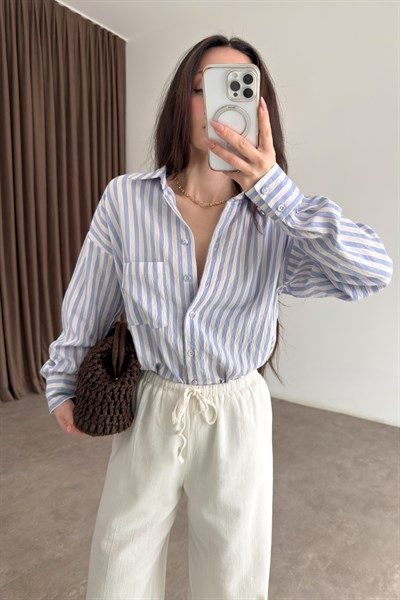 Multi Çizgili Cepli Mavi Gömlek