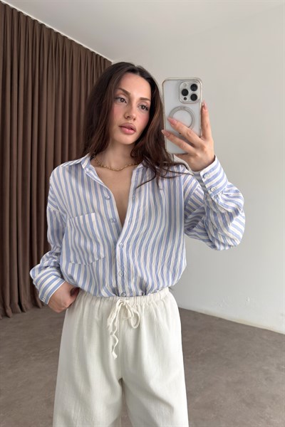 Multi Çizgili Cepli Mavi Gömlek