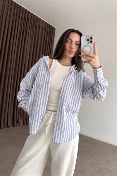 Multi Çizgili Cepli Mavi Gömlek