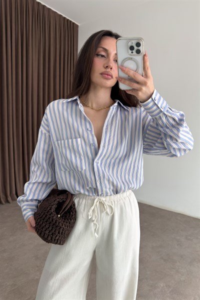 Multi Çizgili Cepli Mavi Gömlek