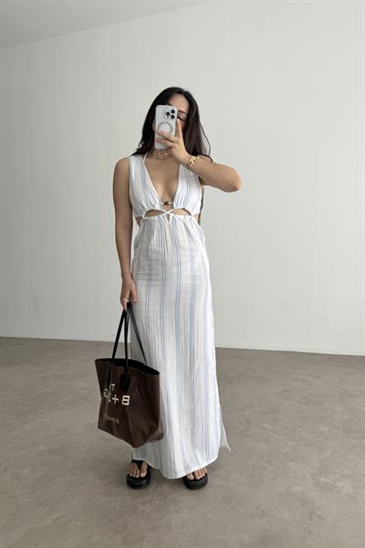 Müslin Çizgili Pencere Detaylı Elbise