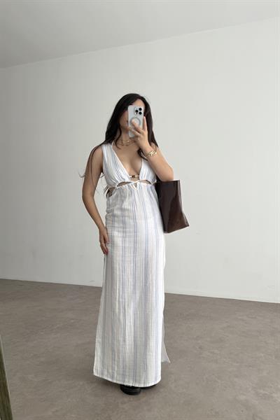 Müslin Çizgili Pencere Detaylı Elbise