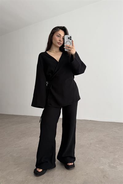 Müslin Kumaş Çapraz Bağlama Kimono Takım Siyah