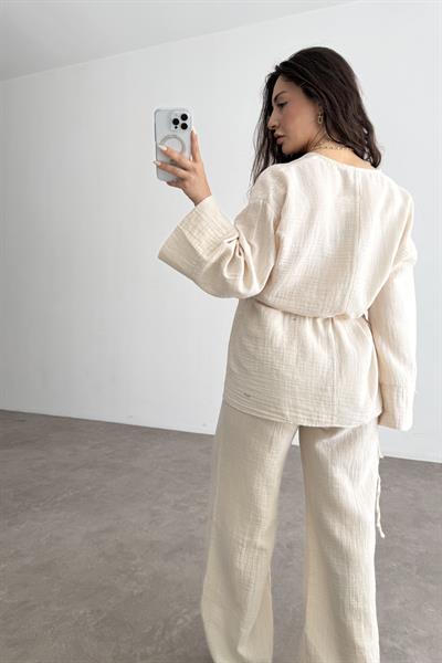 Müslin Kumaş Çapraz Bağlama Kimono Takım Taş