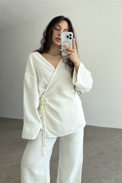 Müslin Kumaş Çapraz Bağlama Kimono Takım Ekru