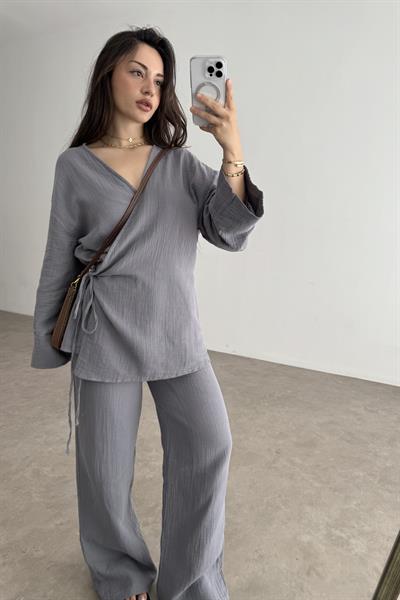 Müslin Kumaş Çapraz Bağlama Kimono Takım İndigo