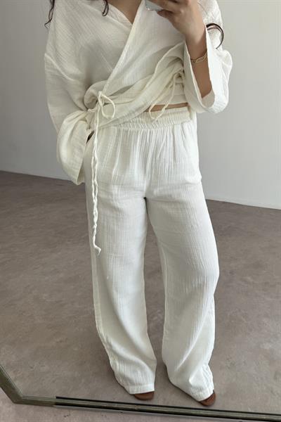 Müslin Kumaş Çapraz Bağlama Kimono Takım Ekru