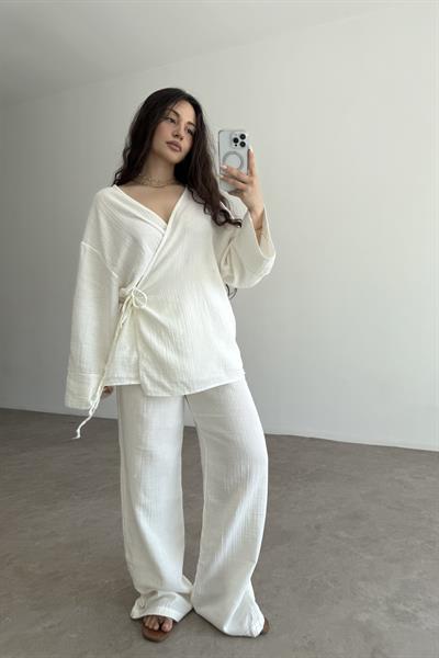 Müslin Kumaş Çapraz Bağlama Kimono Takım Ekru