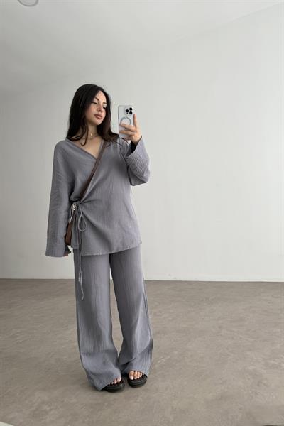 Müslin Kumaş Çapraz Bağlama Kimono Takım İndigo