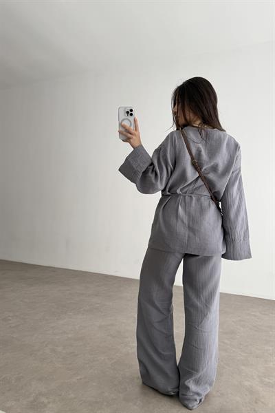 Müslin Kumaş Çapraz Bağlama Kimono Takım İndigo