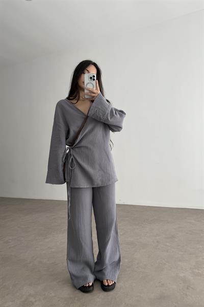 Müslin Kumaş Çapraz Bağlama Kimono Takım İndigo