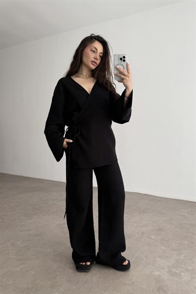 Müslin Kumaş Çapraz Bağlama Kimono Takım Siyah