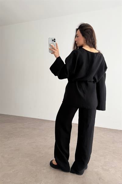 Müslin Kumaş Çapraz Bağlama Kimono Takım Siyah