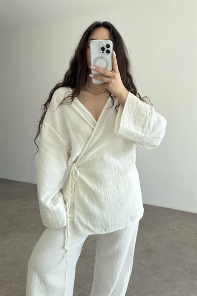Müslin Kumaş Çapraz Bağlama Kimono Takım Ekru