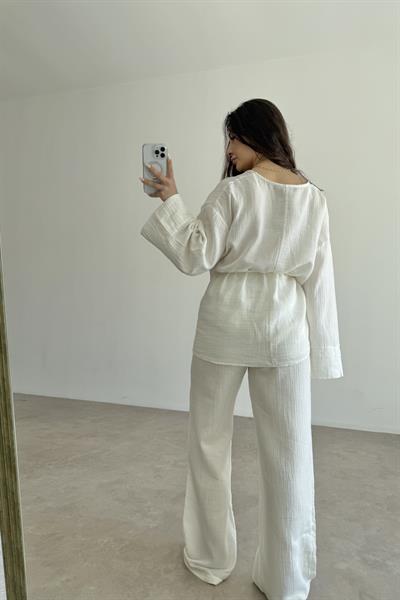 Müslin Kumaş Çapraz Bağlama Kimono Takım Ekru