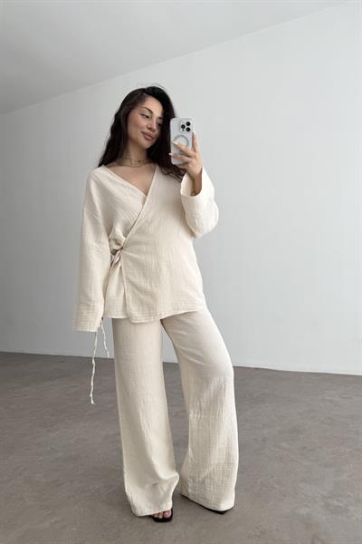 Müslin Kumaş Çapraz Bağlama Kimono Takım Taş